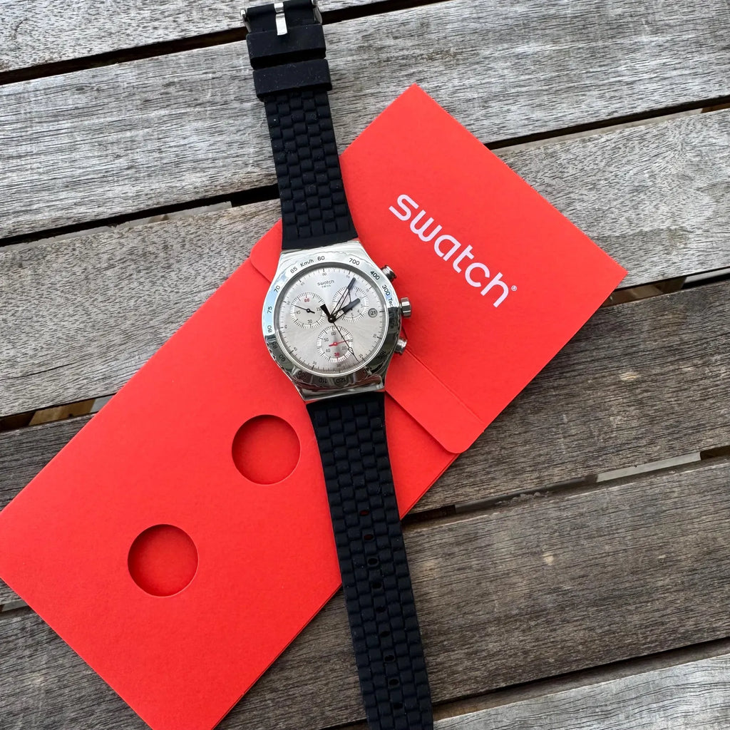 Swatch Irony New Chrono Mens Watch Silverish 43mm YVS405 Perfect Condition